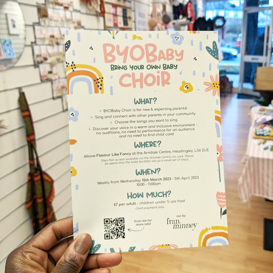 An image of a flyer for BYOB choir a white background with rainbows and cute graphics