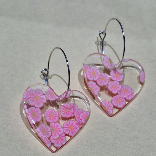 Pink flower heart hoops