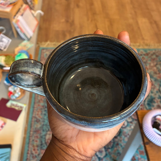 Blue glaze ceramic mug with roll handle