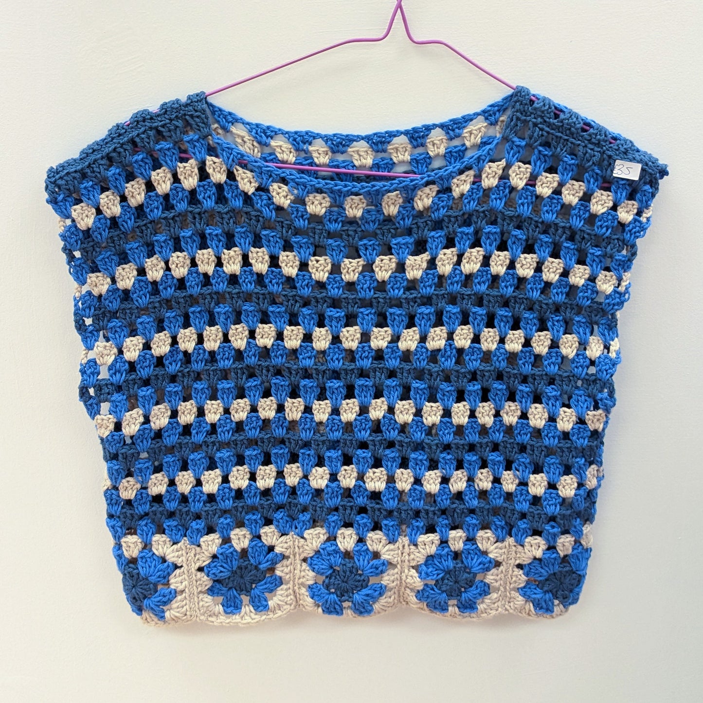 Blue and buttemilk crochet crop top S