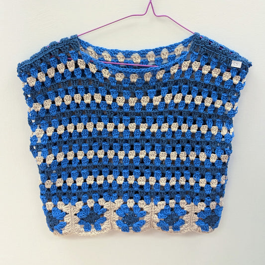 Blue and buttemilk crochet crop top S