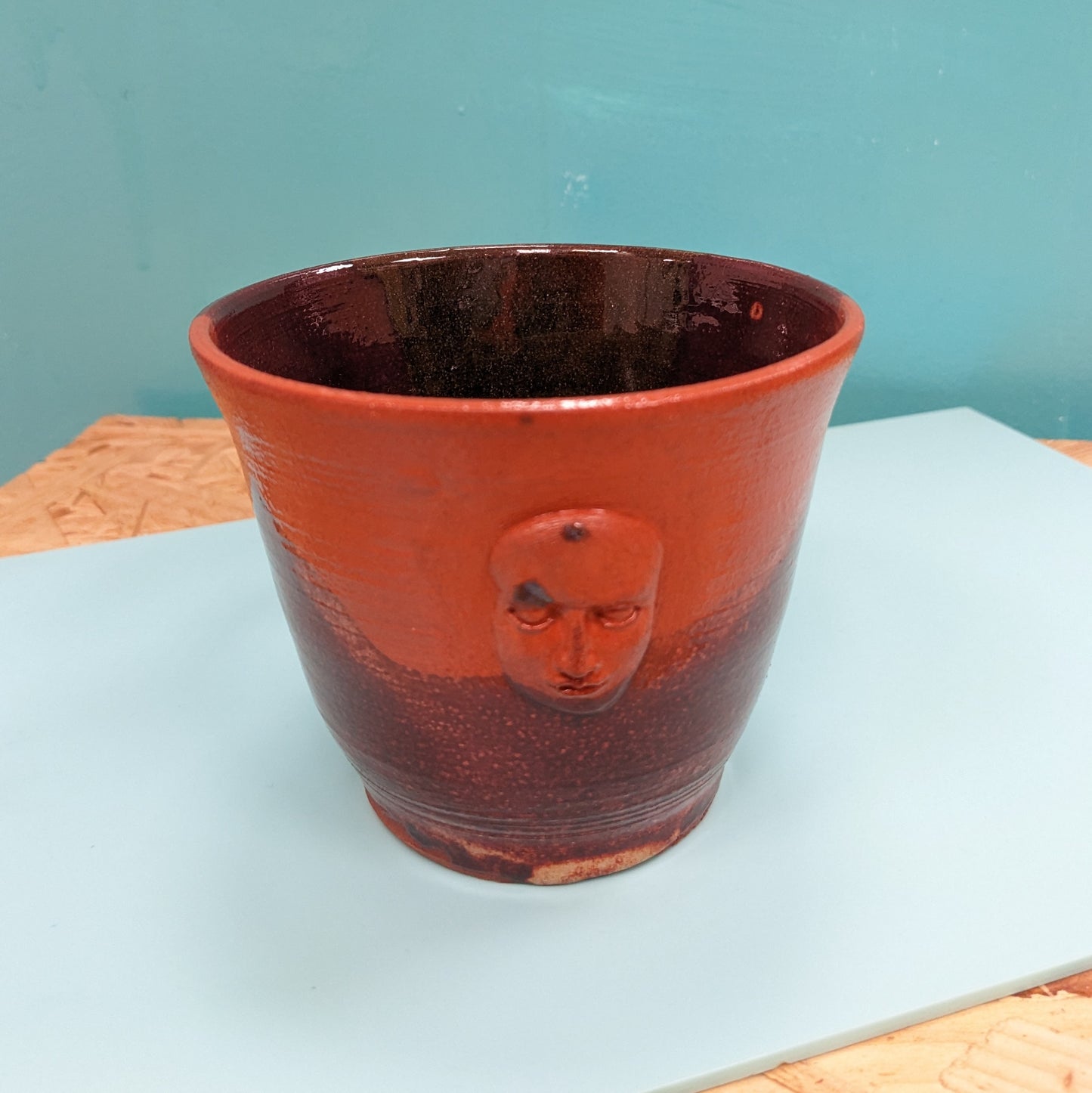 Wide brim abstract face mug handmade in leeds