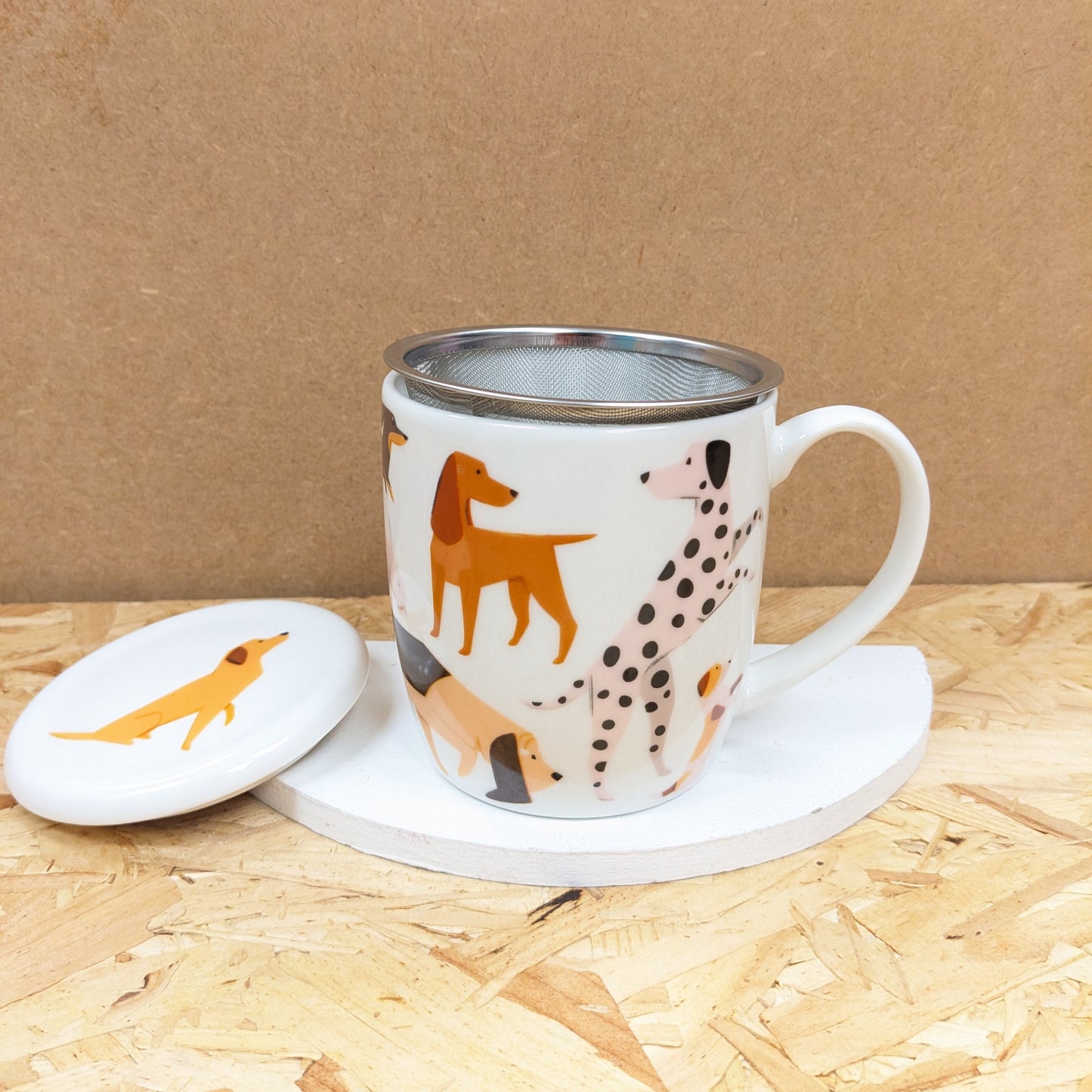 Doggo print ceramic mug with infuser and lid