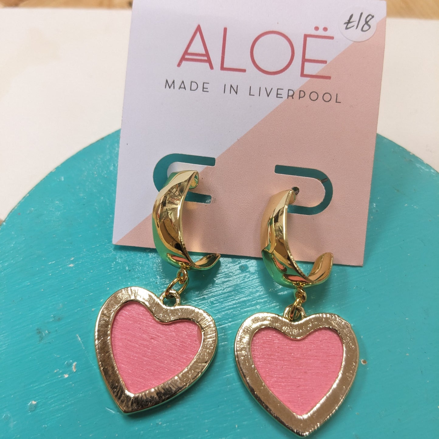 Gold pink heart earrings