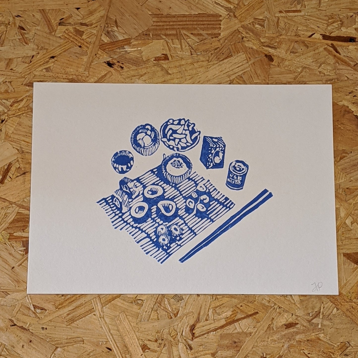 Sushi table lino print Blue