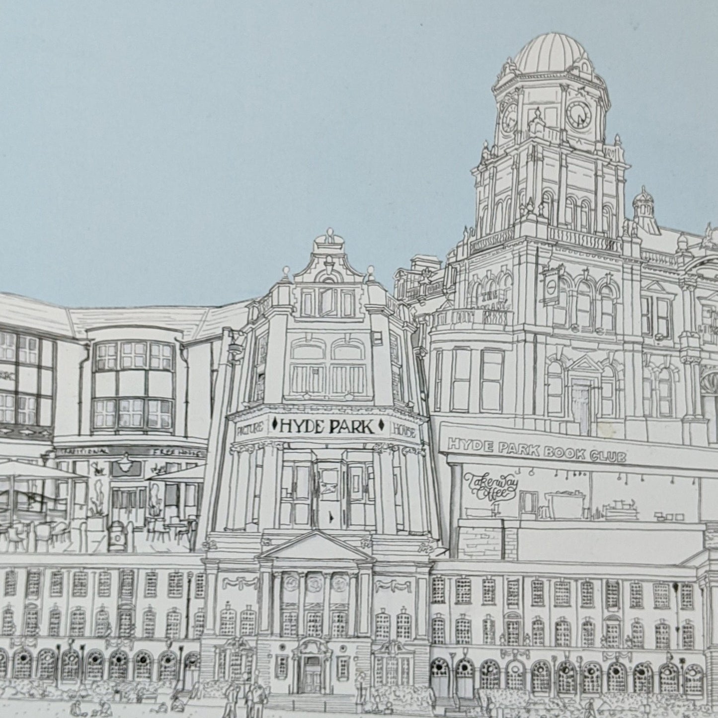 Leeds buildings - Hyde Park with a sky blue background
