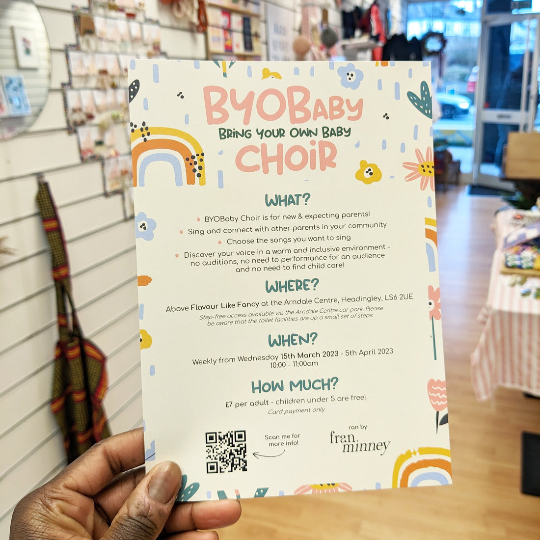 An image of a flyer for BYOB choir a white background with rainbows and cute graphics