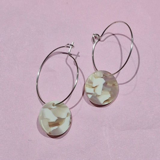 Tan marble silver hoops