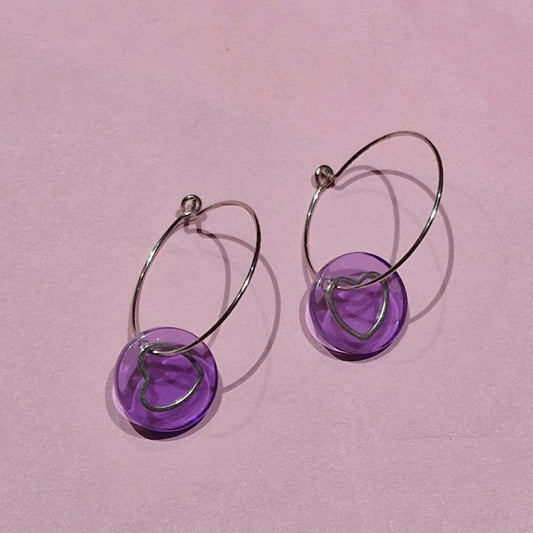 Purple silver heart hoops