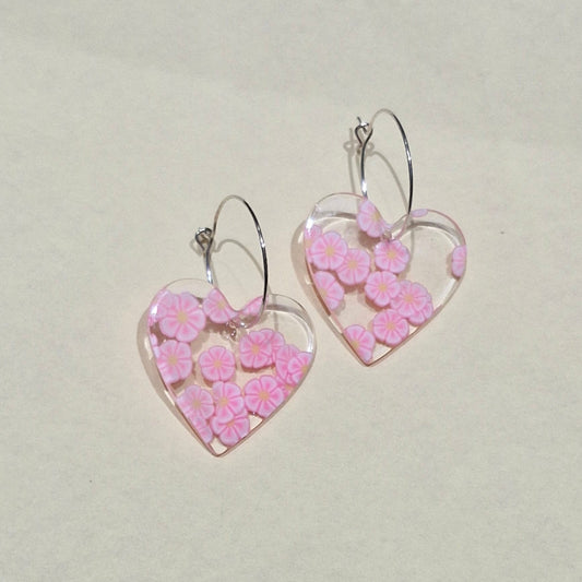 Pink flower heart hoops