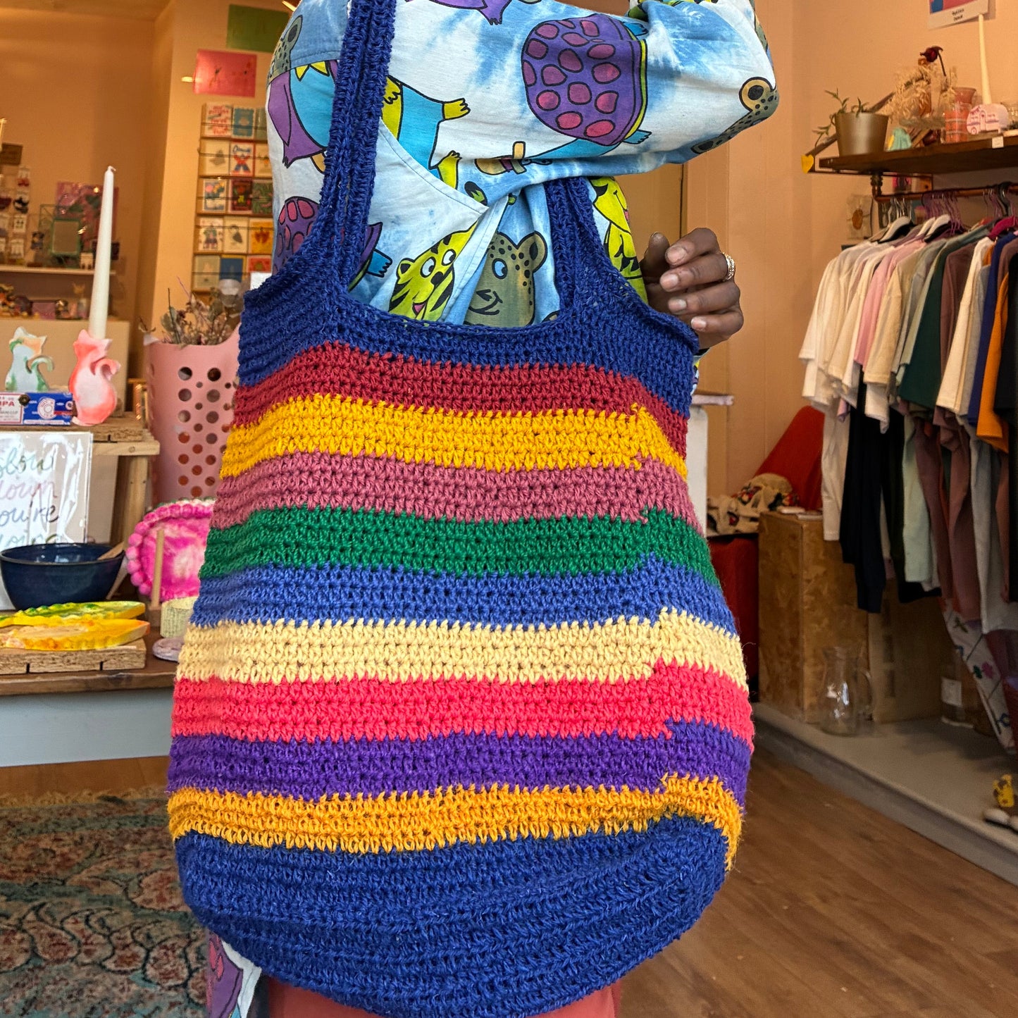 Striped crochet shopper style bag