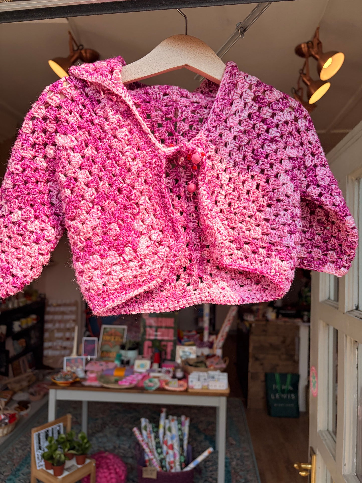 Fuschia 70s style crochet baby Cardigan