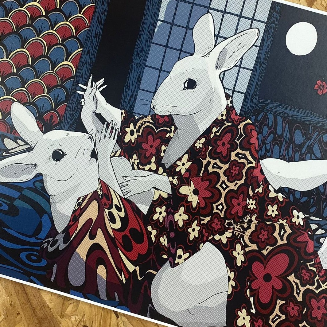 A4 romantic white rabbits print