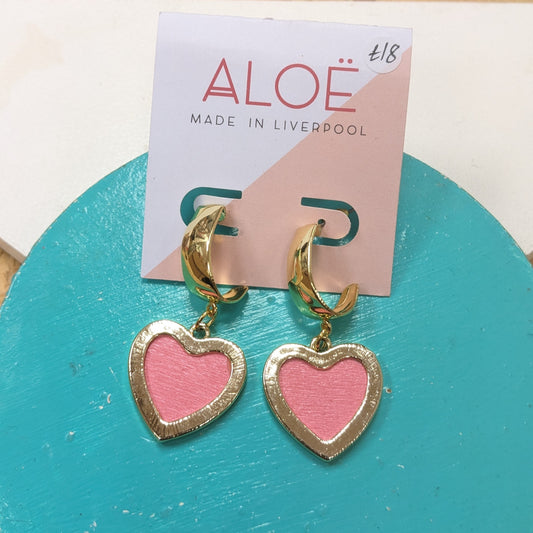 Gold pink heart earrings