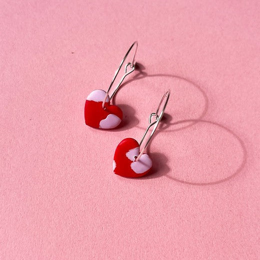 Pink and red heart silver hoop earrings