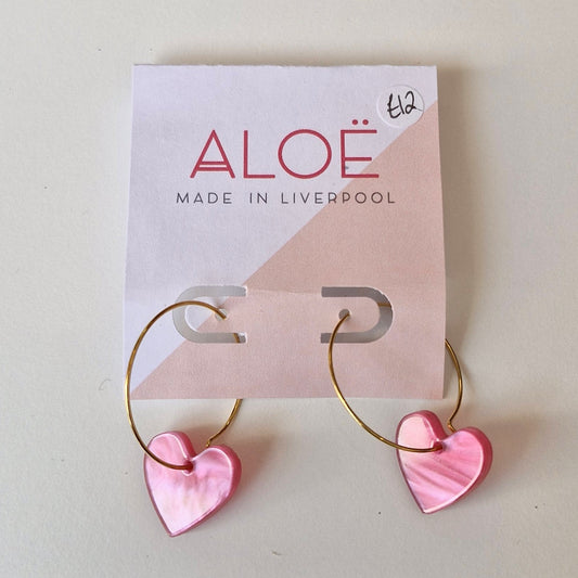 Pink pearlescent heart hoop earrings