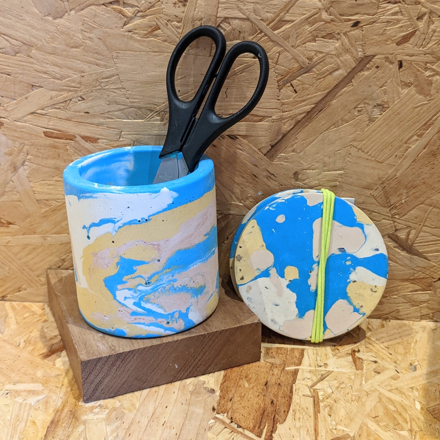 Blue and yellow marble effect pot